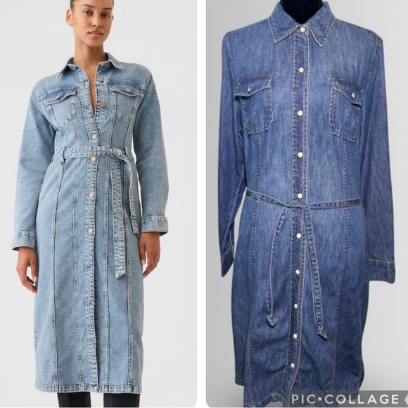 GAP Dresses & Skirts - Gap Denim Chambray Long Sleeve Maxi Belted Dress, Mother of Pearl Button Down 10